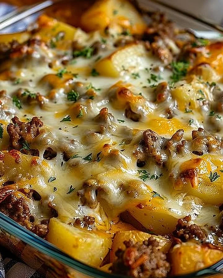 Easy hamburger potato casserole topped with cheese and fresh herbs