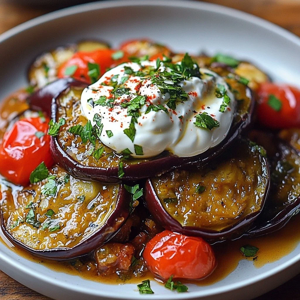 Serving of Eggplant Borani garnished with yogurt and herbs.
