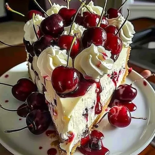 Elegant cherry cheesecake topped with fresh cherries and creamy filling.