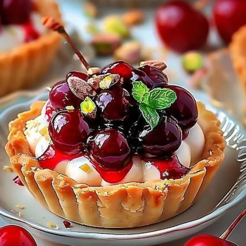 Elegant cherry pistachio tartlets garnished and ready to serve.