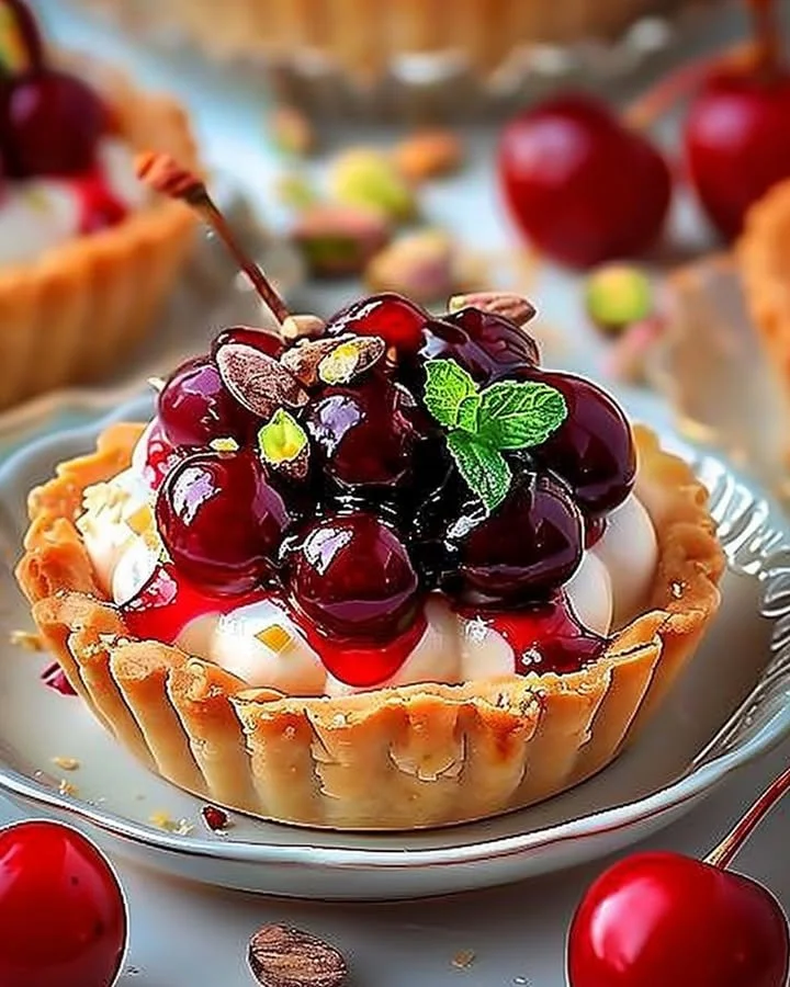 Elegant cherry pistachio tartlets garnished and ready to serve.