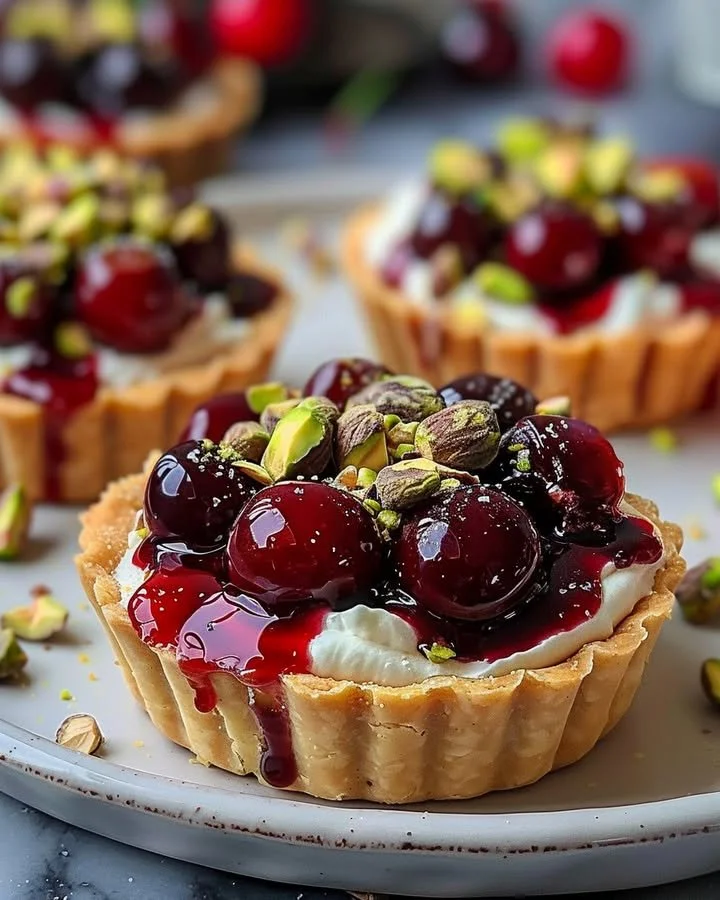 Elegant Cherry Pistachio Tartlets with fresh cherries and pistachios on a white plate.