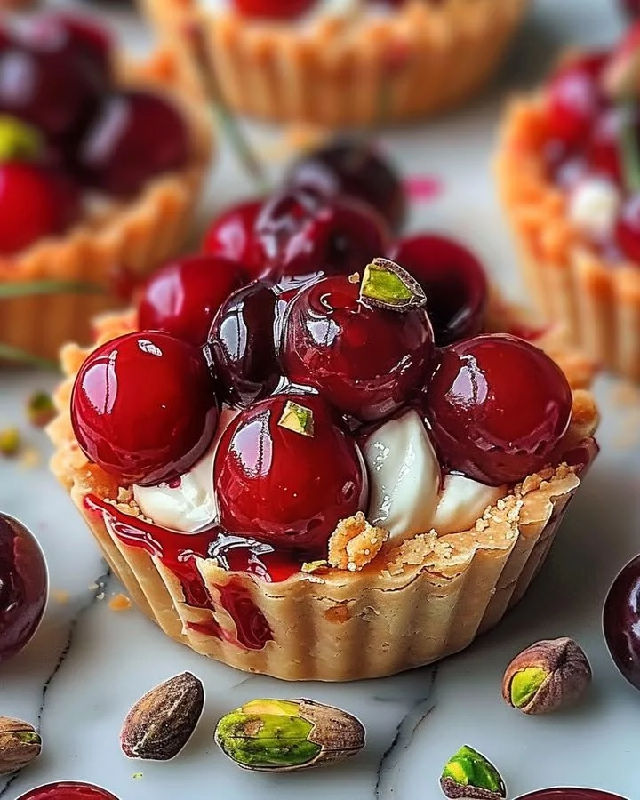 Elegant Cherry Pistachio Tartlets with vibrant cherries and pistachios