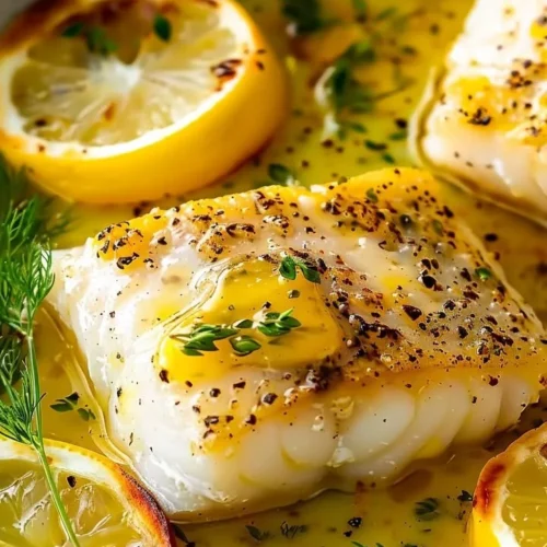Delicious plate of elegant lemon-butter baked cod garnished with herbs