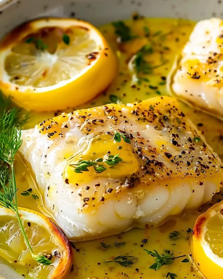 Delicious plate of elegant lemon-butter baked cod garnished with herbs