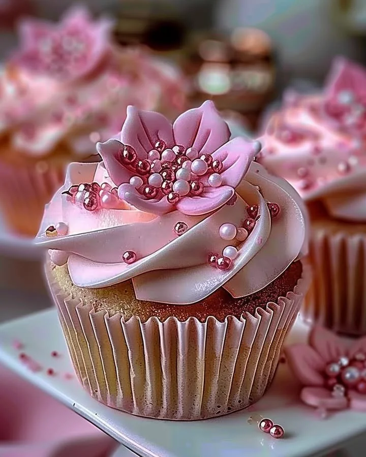 Elegant pink buttercream cupcakes decorated with delicate sprinkles.