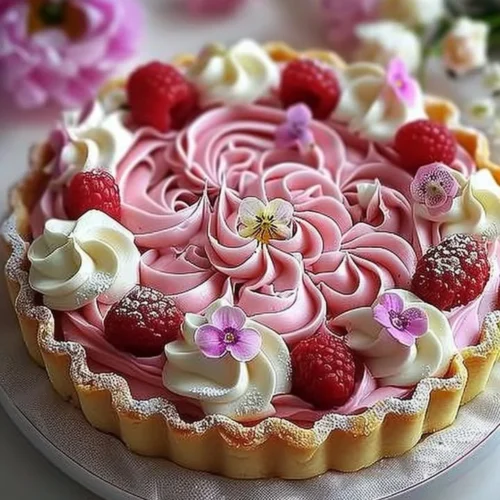 Elegant pink flower tart decorated with delicate edible flowers and cream