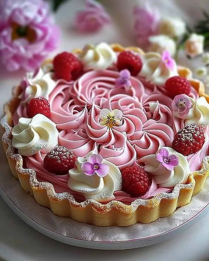 Elegant pink flower tart decorated with delicate edible flowers and cream