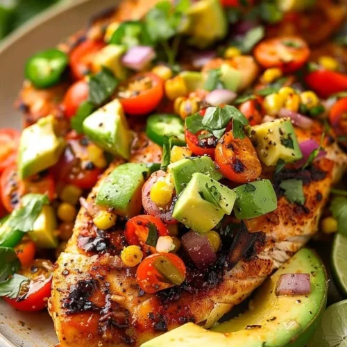 Festival lime chicken served with vibrant avocado salsa and garnishes