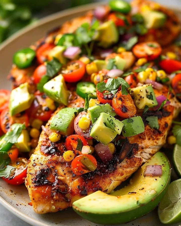 Festival lime chicken served with vibrant avocado salsa and garnishes