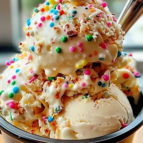 Festive birthday cake ice cream with colorful sprinkles and cake crumbles