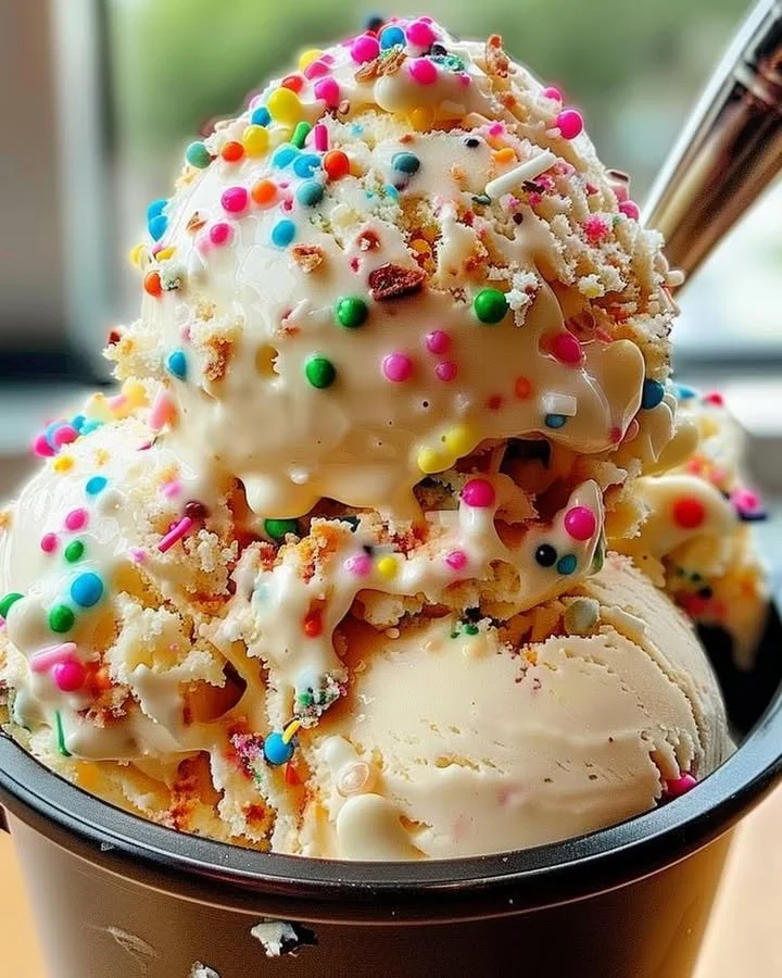 Festive birthday cake ice cream with colorful sprinkles and cake crumbles