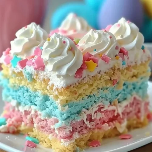 Easter Bunny Poke Cake with creamy frosting and festive decorations