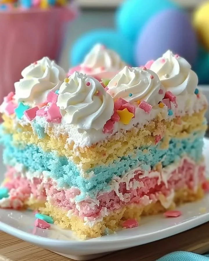 Easter Bunny Poke Cake with creamy frosting and festive decorations