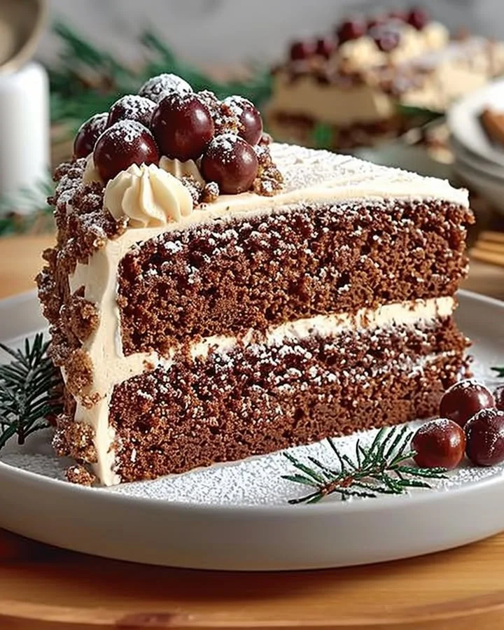 A beautifully decorated festive gingerbread cake with icing and festive toppings