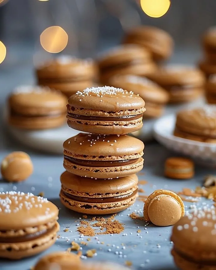 Festive gingerbread macarons with spiced caramel drizzle on a plate.