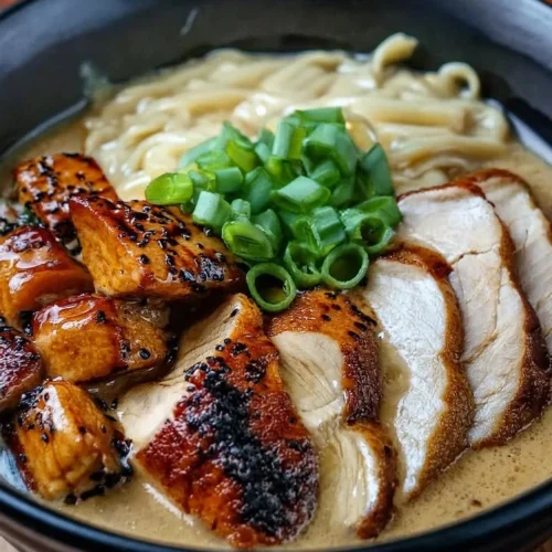 Fiery Chicken Ramen bowl with creamy garlic sauce and toppings