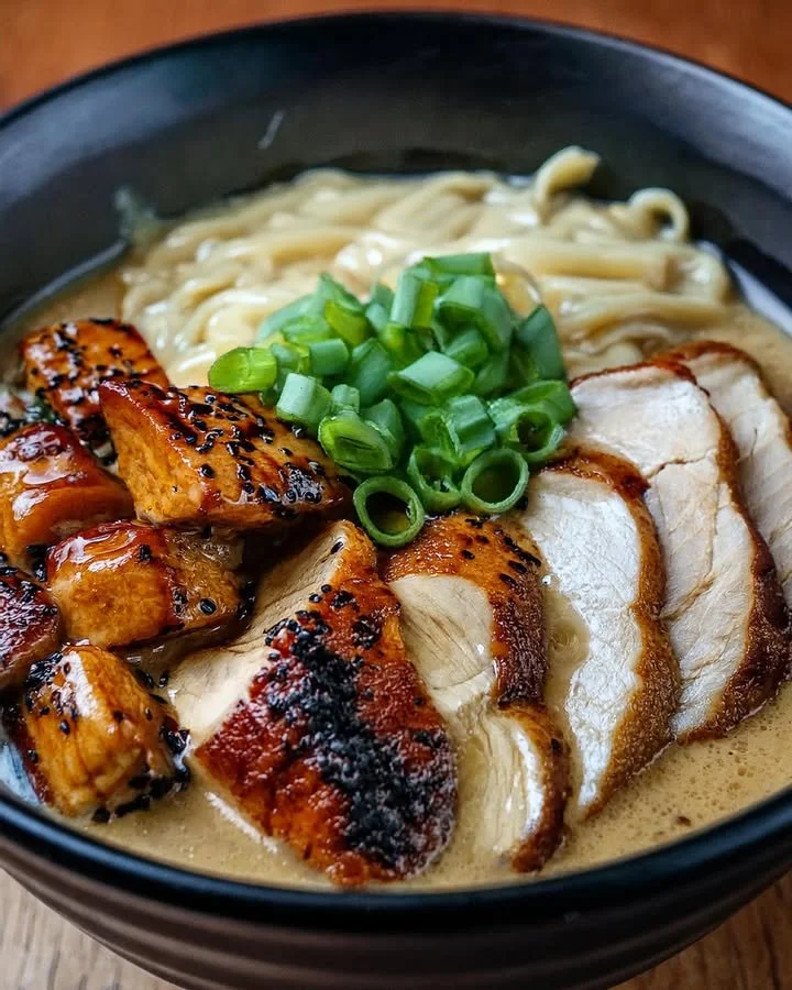Fiery Chicken Ramen bowl with creamy garlic sauce and toppings