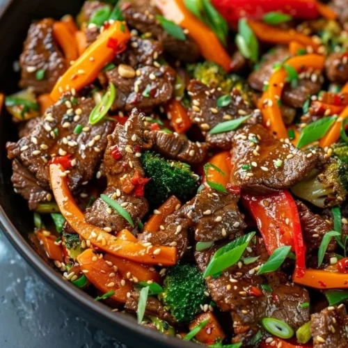 Flavorful beef stir fry with colorful vegetables in a wok