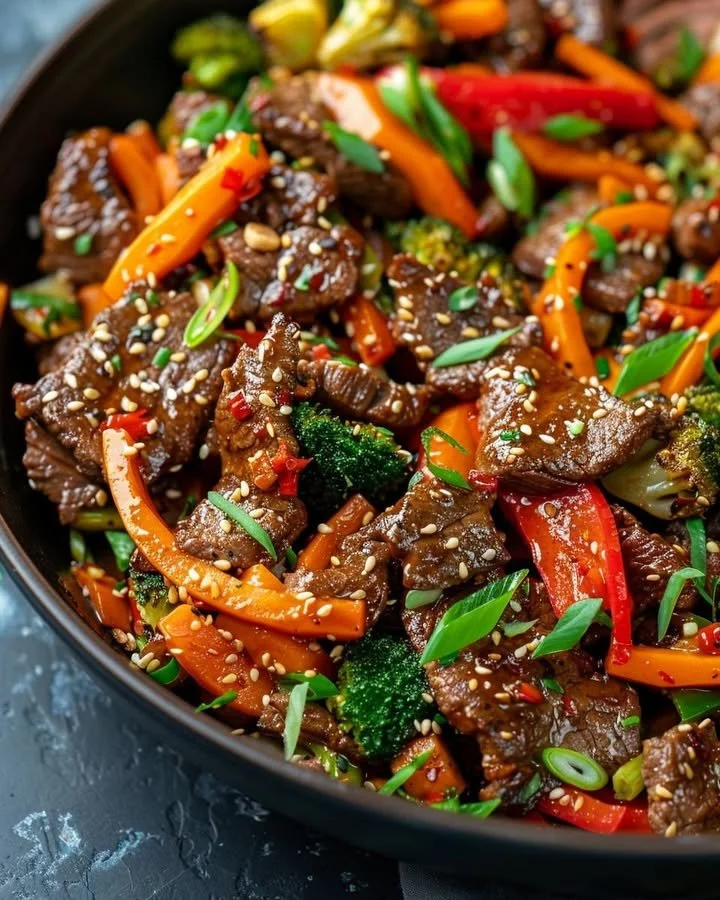 Flavorful beef stir fry with colorful vegetables in a wok