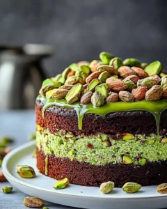Delicious flourless pistachio cake with a rich green color and garnished with pistachios