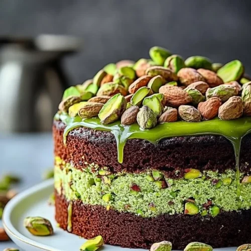 Delicious flourless pistachio cake with a rich green color and garnished with pistachios