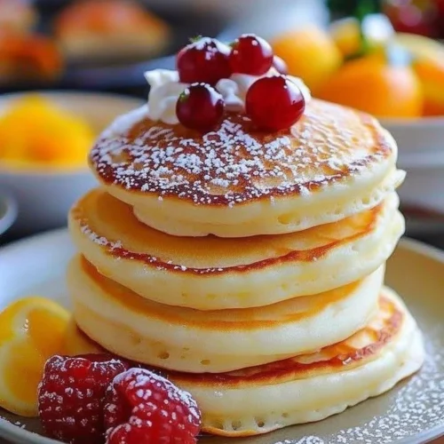 Fluffy Japanese soufflé pancakes stacked with syrup and berries