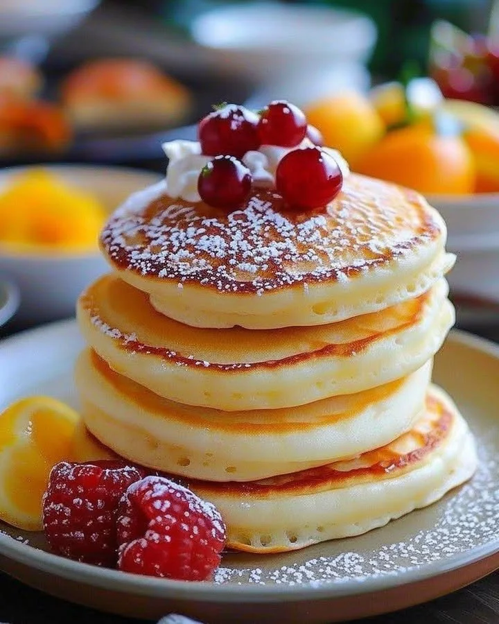 Fluffy Japanese soufflé pancakes stacked with syrup and berries