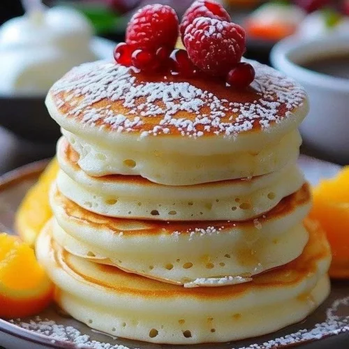 Fluffy Japanese soufflé pancakes stacked on a plate with syrup and fruits.