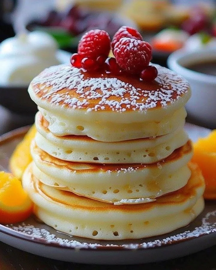 Fluffy Japanese soufflé pancakes stacked on a plate with syrup and fruits.