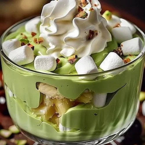 Fluffy pistachio pudding dessert with pineapple garnish on a plate
