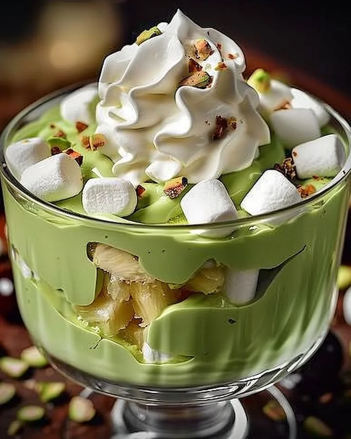 Fluffy pistachio pudding dessert with pineapple garnish on a plate