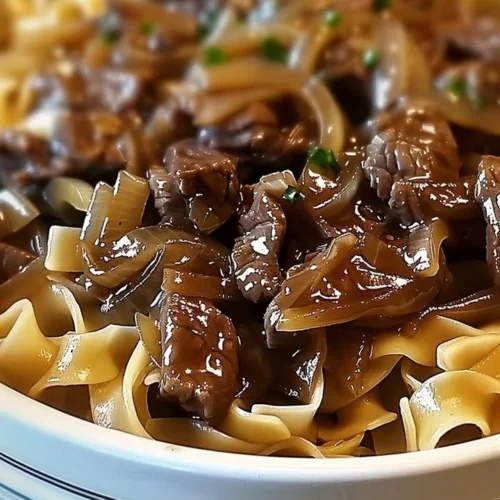 Delicious French Onion Beef and Noodles in a flavorful broth
