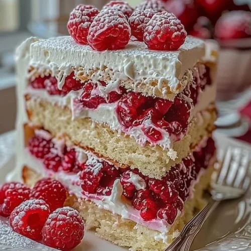 Fresh raspberry layer cake with layers of cream and raspberries on top