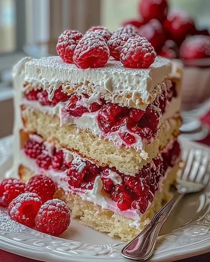 Fresh raspberry layer cake with layers of cream and raspberries on top