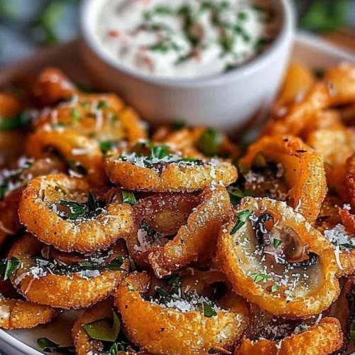 Fried sliced mushrooms served with ranch dressing on a plate