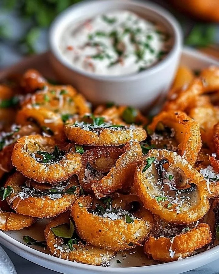 Fried sliced mushrooms served with ranch dressing on a plate
