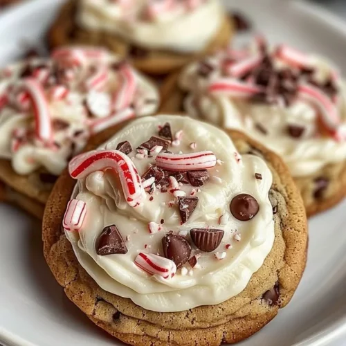 Frosted Peppermint Chocolate Chunk Cookies on a decorative plate