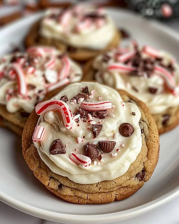 Frosted Peppermint Chocolate Chunk Cookies on a decorative plate