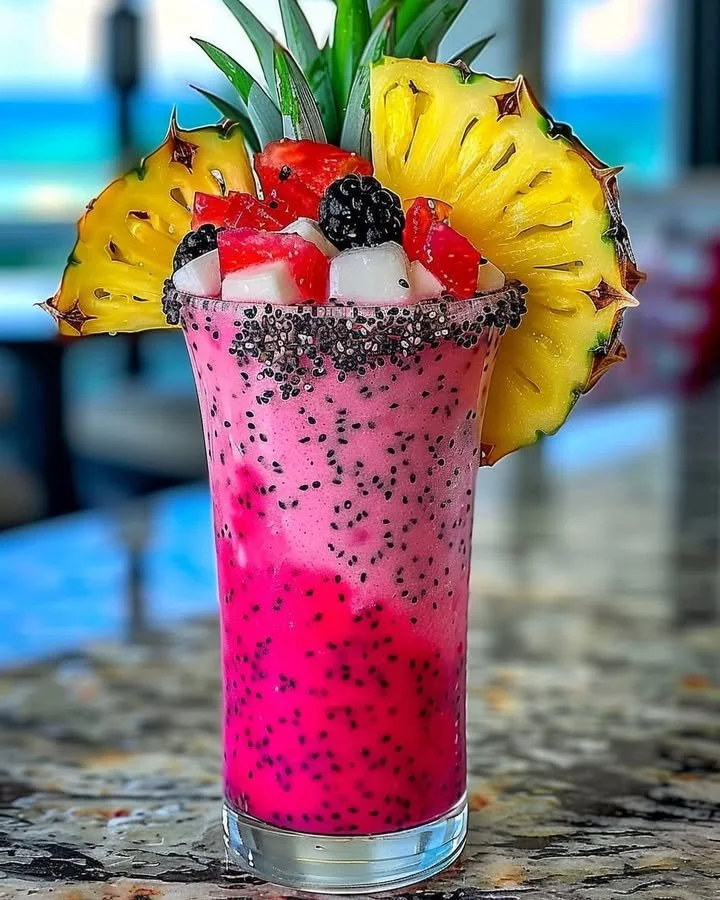 Frozen Dragon Fruit Pina Colada with vibrant colors and tropical garnish