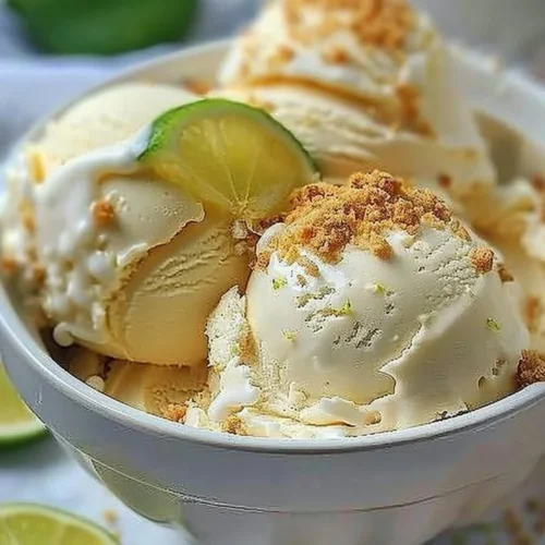 Frozen key lime pie ice cream dessert in a bowl with lime slices