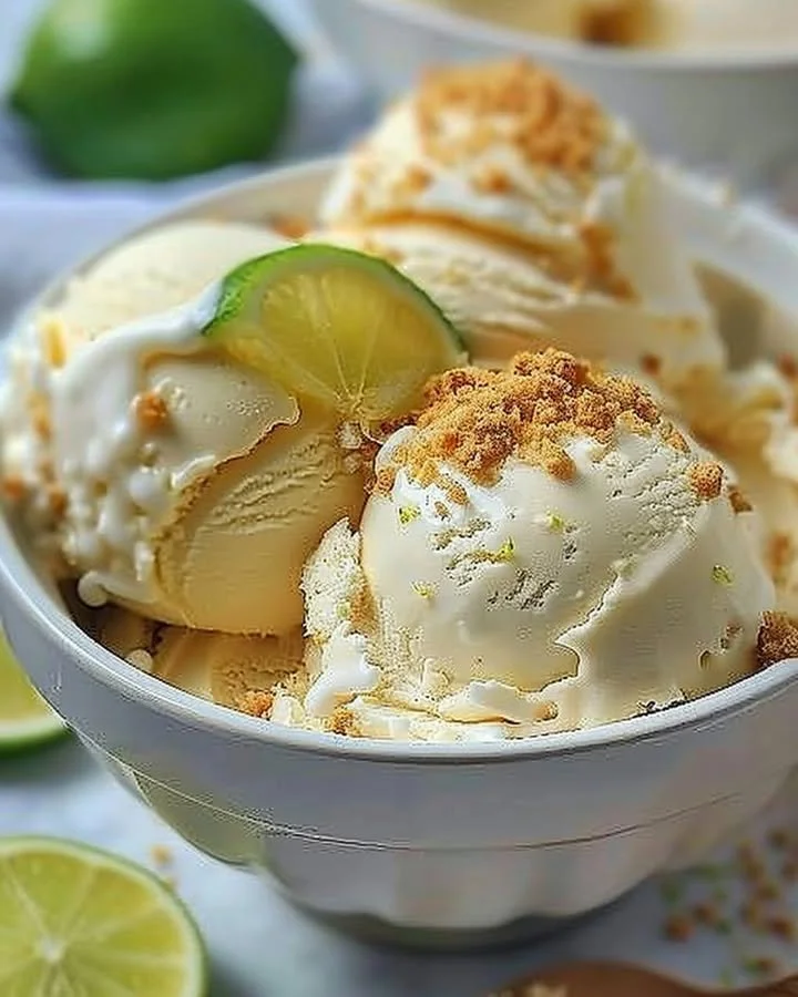 Frozen key lime pie ice cream dessert in a bowl with lime slices