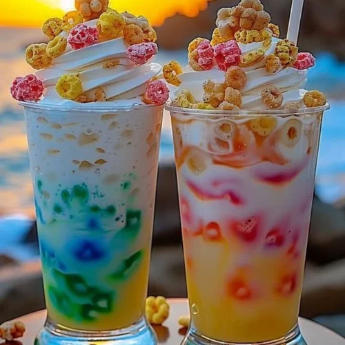 A colorful glass of Fruit Loop Fizz, a fizzy drink with fruity flavors.