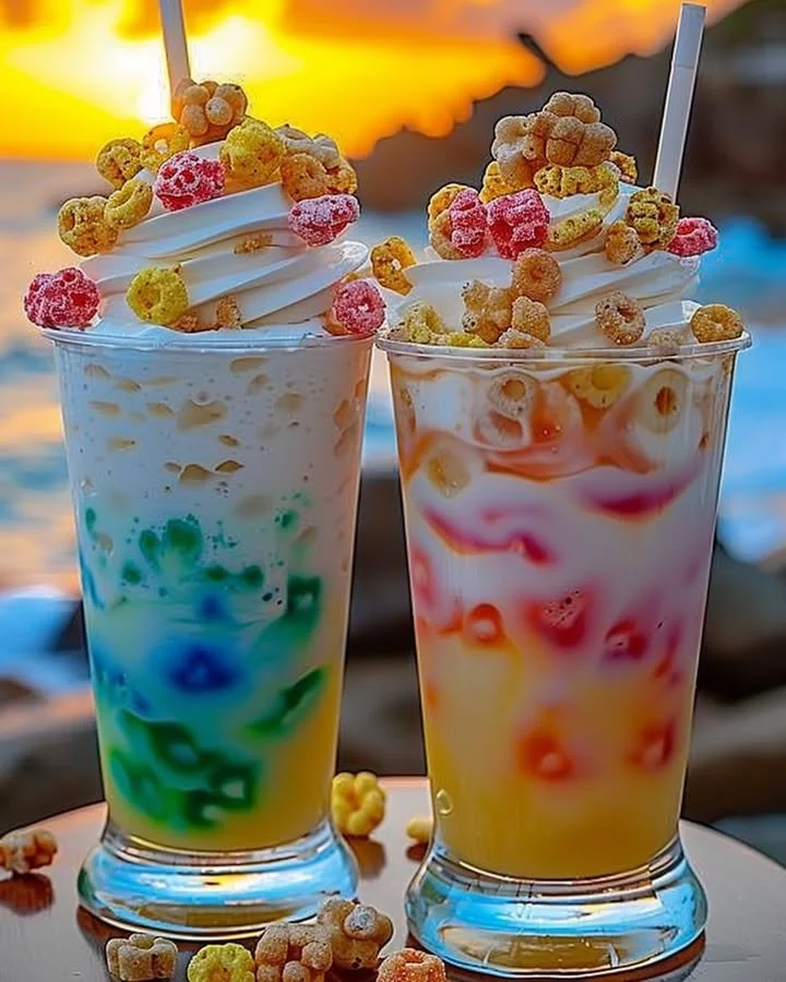A colorful glass of Fruit Loop Fizz, a fizzy drink with fruity flavors.