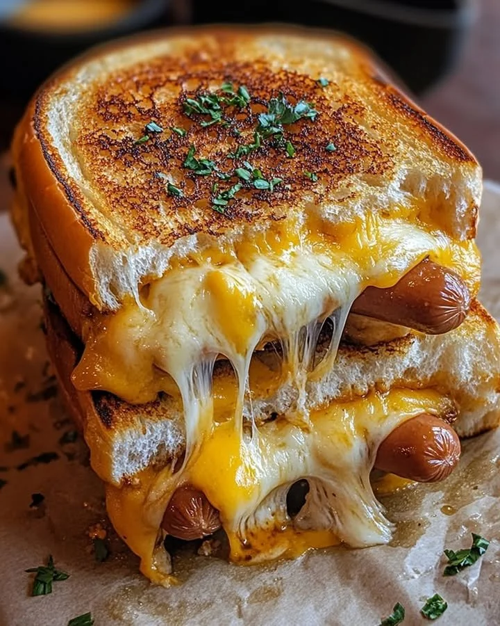 Fryer grilled cheese hot dogs served on a plate with melted cheese and crispy edges.