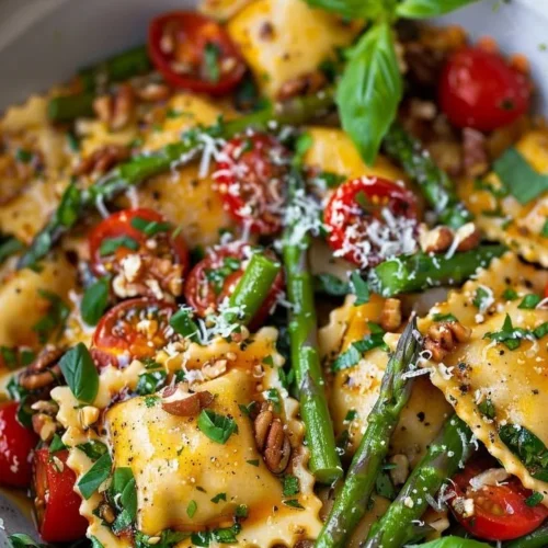 Plate of garden fresh asparagus tomato ravioli tossed with herbs and olive oil