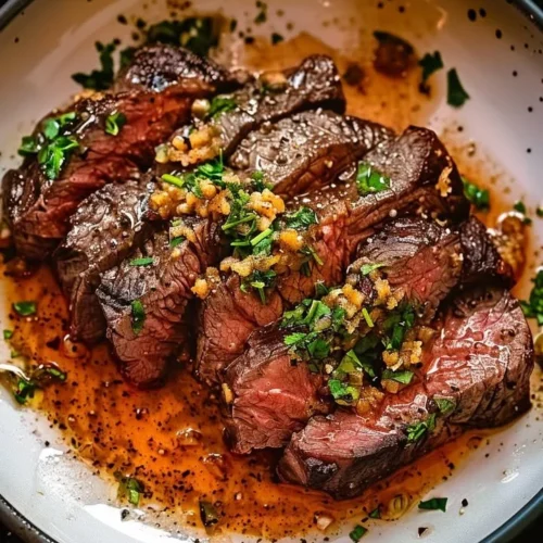 Juicy Garlic Butter Brazilian Steak served on a plate with herbs.