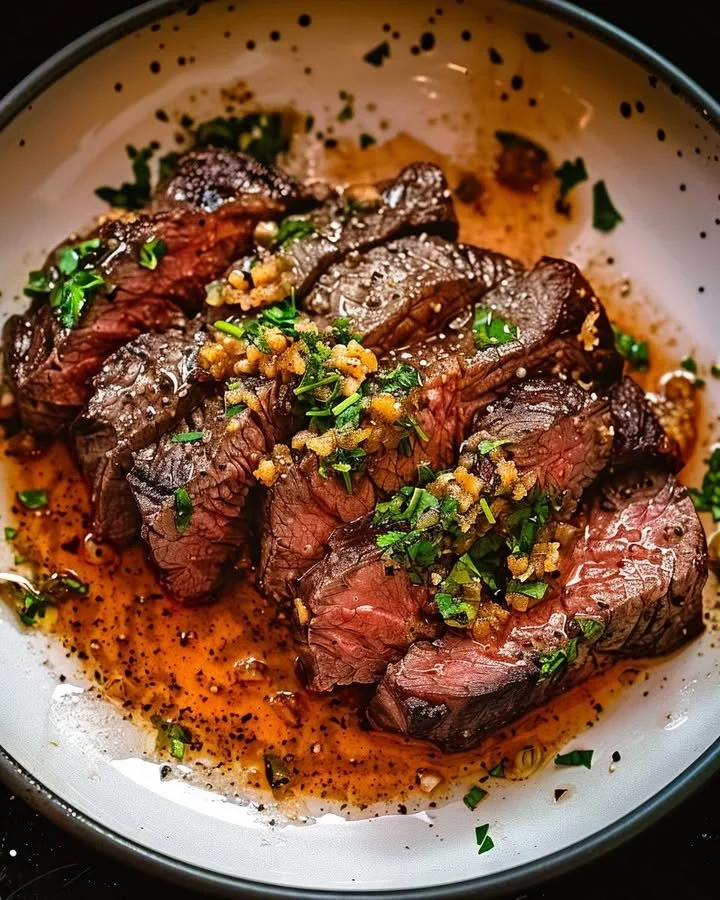 Juicy Garlic Butter Brazilian Steak served on a plate with herbs.
