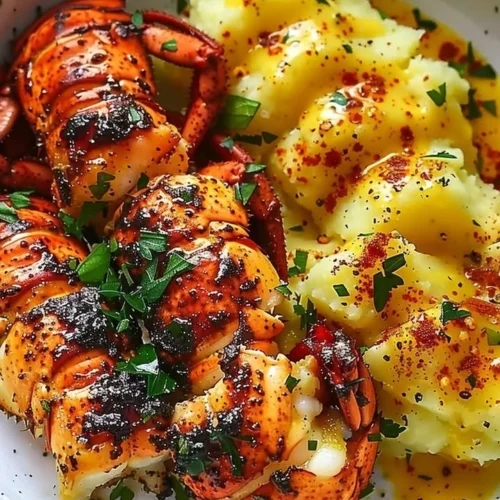 Garlic Butter Lobster Bites served with Saffron Mash on a plate