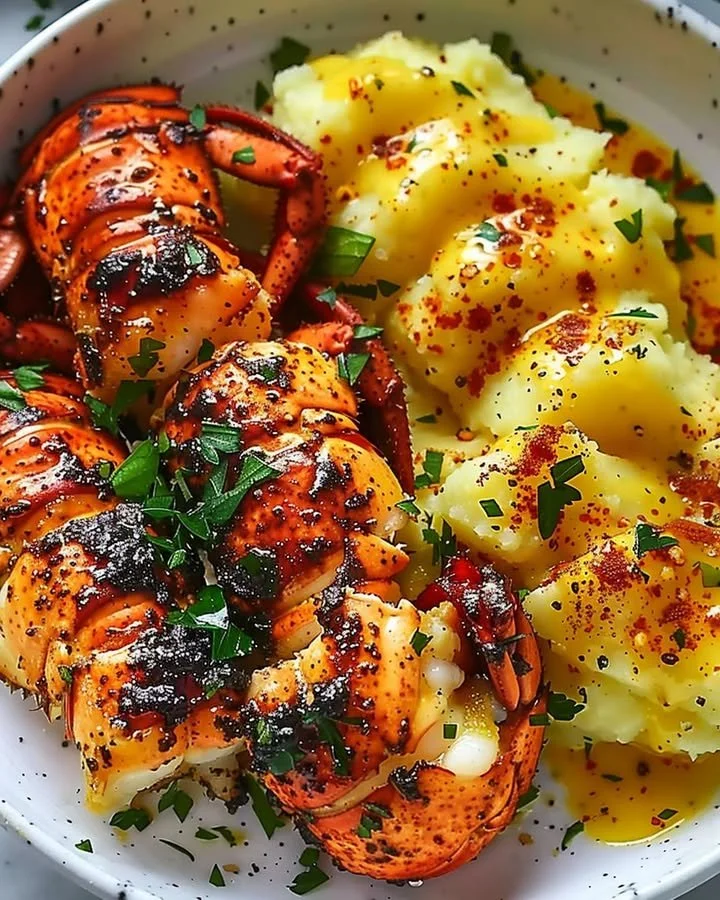 Garlic Butter Lobster Bites served with Saffron Mash on a plate
